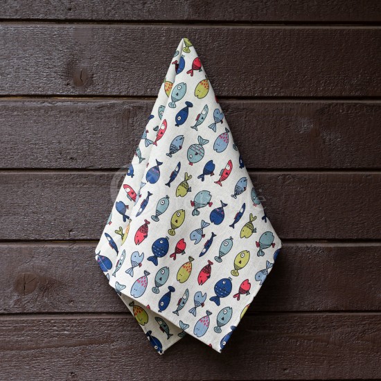 Colourful half-linen kitchen towel "Small fish"